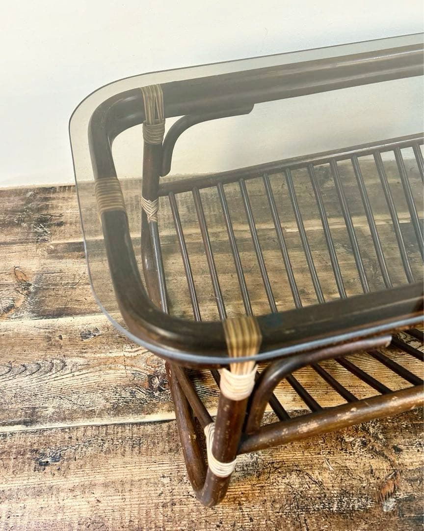 アンティーク ラタン ローテーブル 籐 ガラス天板 ヴィンテージ 小ぶり