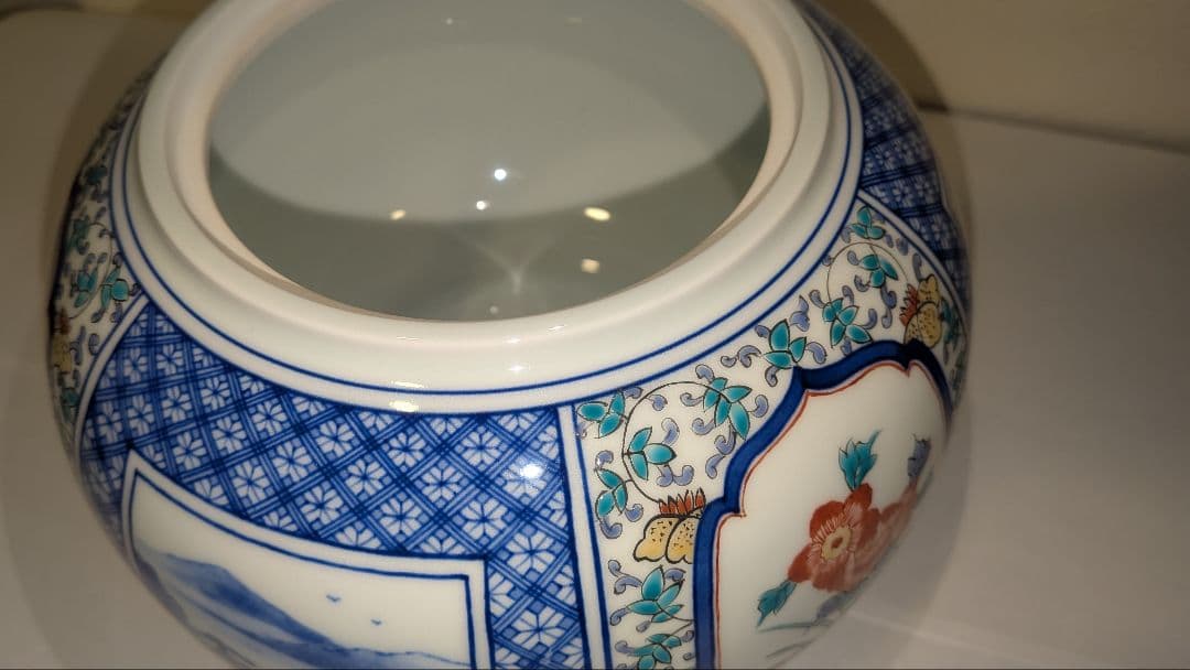 『館林貞夫』古琳庵窯　間取山水　水指　茶道具　共箱共布栞略歴　色絵　柿右衛門様式