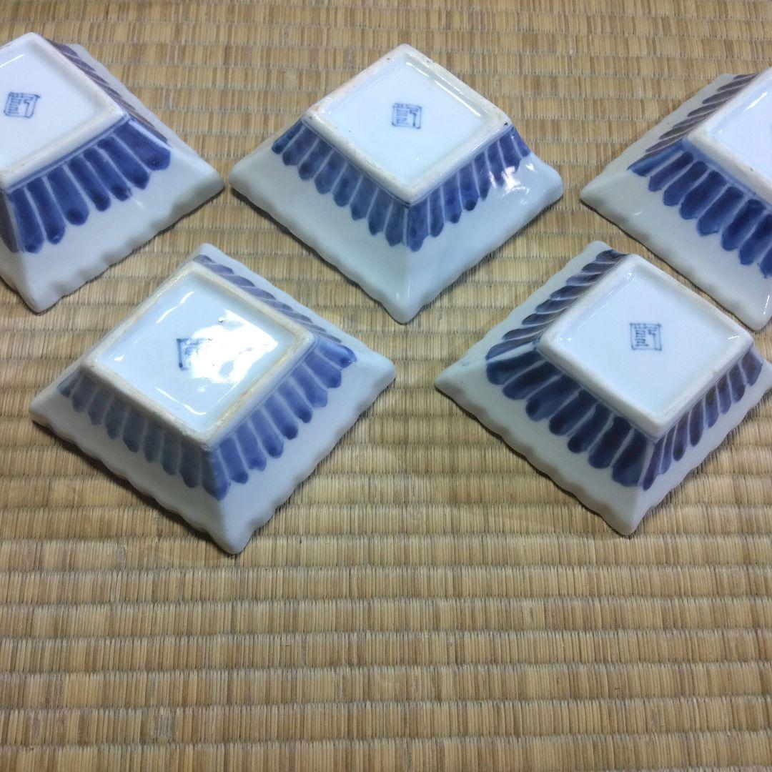 古伊万里　染付輪花菱形向付５客　お店使い　会席　美品　箱入