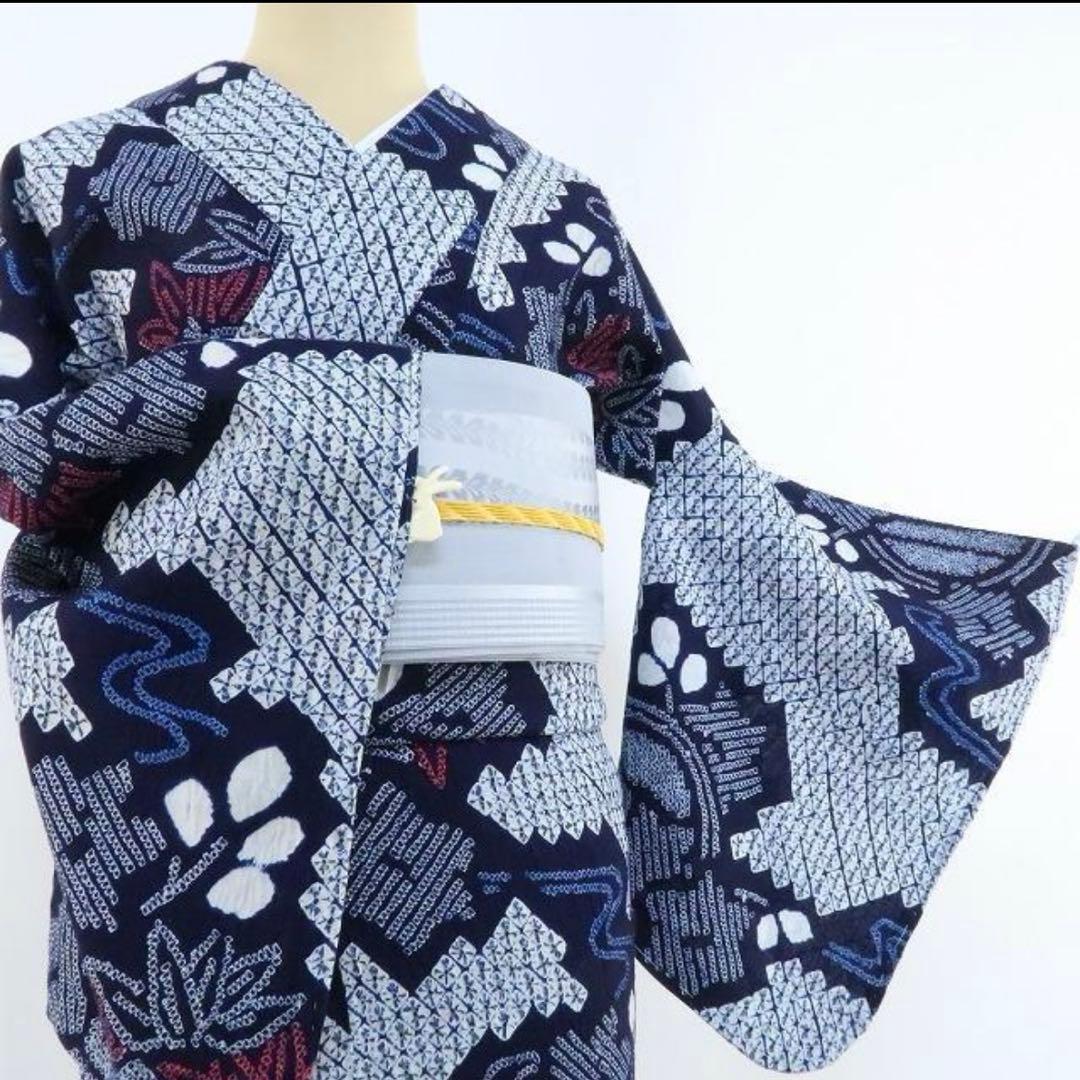 洗える夏着物 綿『ネイビーブルー×葉』トールサイズ 有松鳴海絞り 浴衣