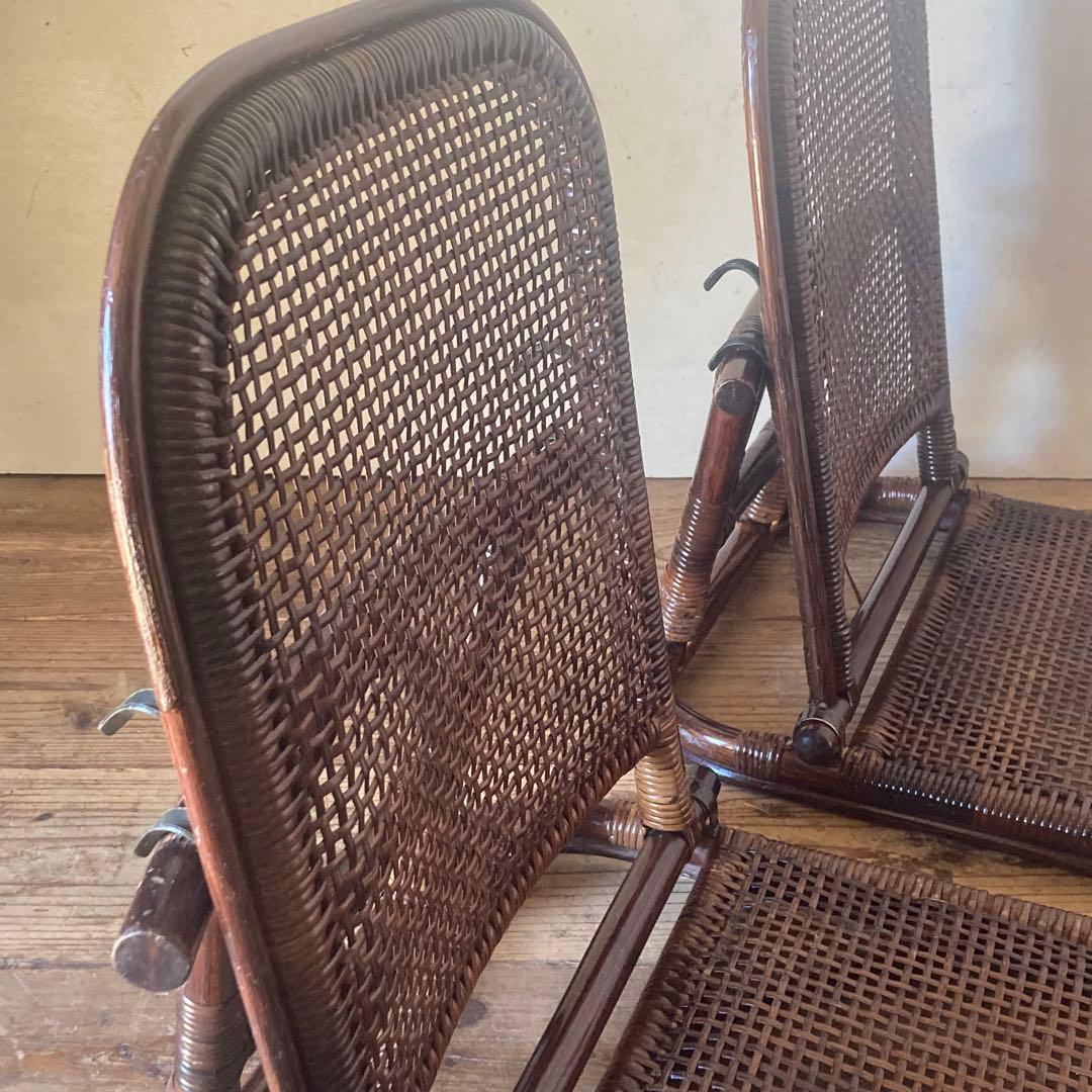 2点セット ヴィンテージ ラタン 折り畳み 座椅子 レトロ 和モダン