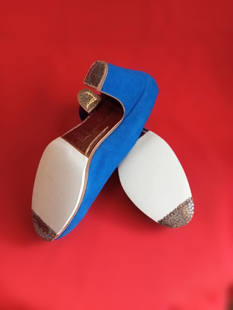 青いスエードフラメンコシューズ 中ヒール