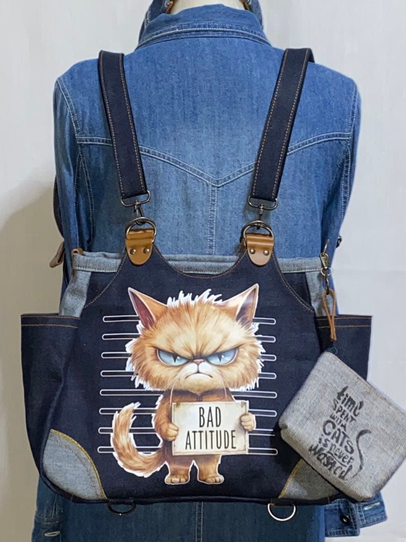 ☆岡山デニム☆悪ネコ☆トラ猫☆両面リュック対応☆4wayあおりバッグ