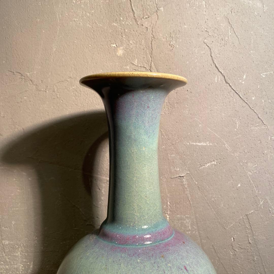 弥三郎窯 松島芳作 釣釉花瓶 共箱 骨董品 昭和中期 在銘 作家物 花器 花入