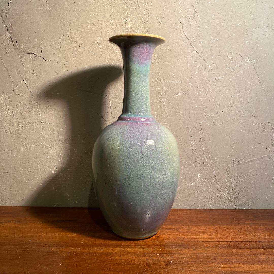 弥三郎窯 松島芳作 釣釉花瓶 共箱 骨董品 昭和中期 在銘 作家物 花器 花入