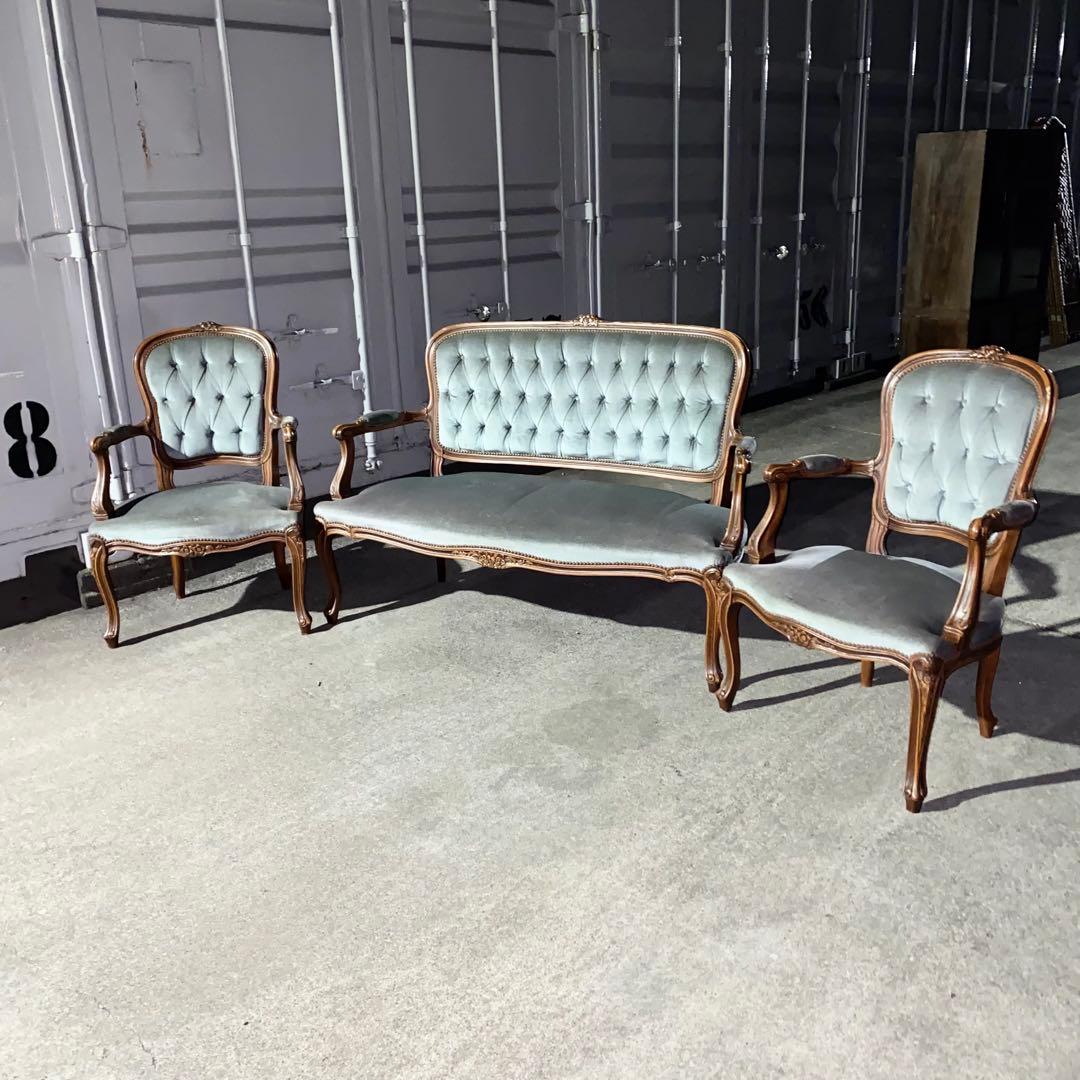 イタリア発！ロココ調 ブルーグレー ベルベット2人掛けソファ+チェア2脚セット