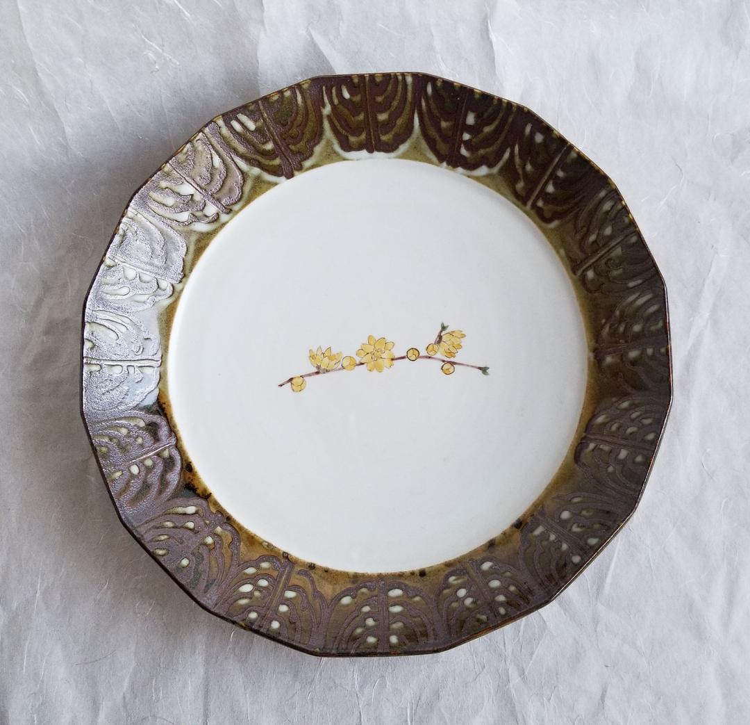 豊福誠 作 色絵磁器レンギョウ文皿 (未使用 新品同様)