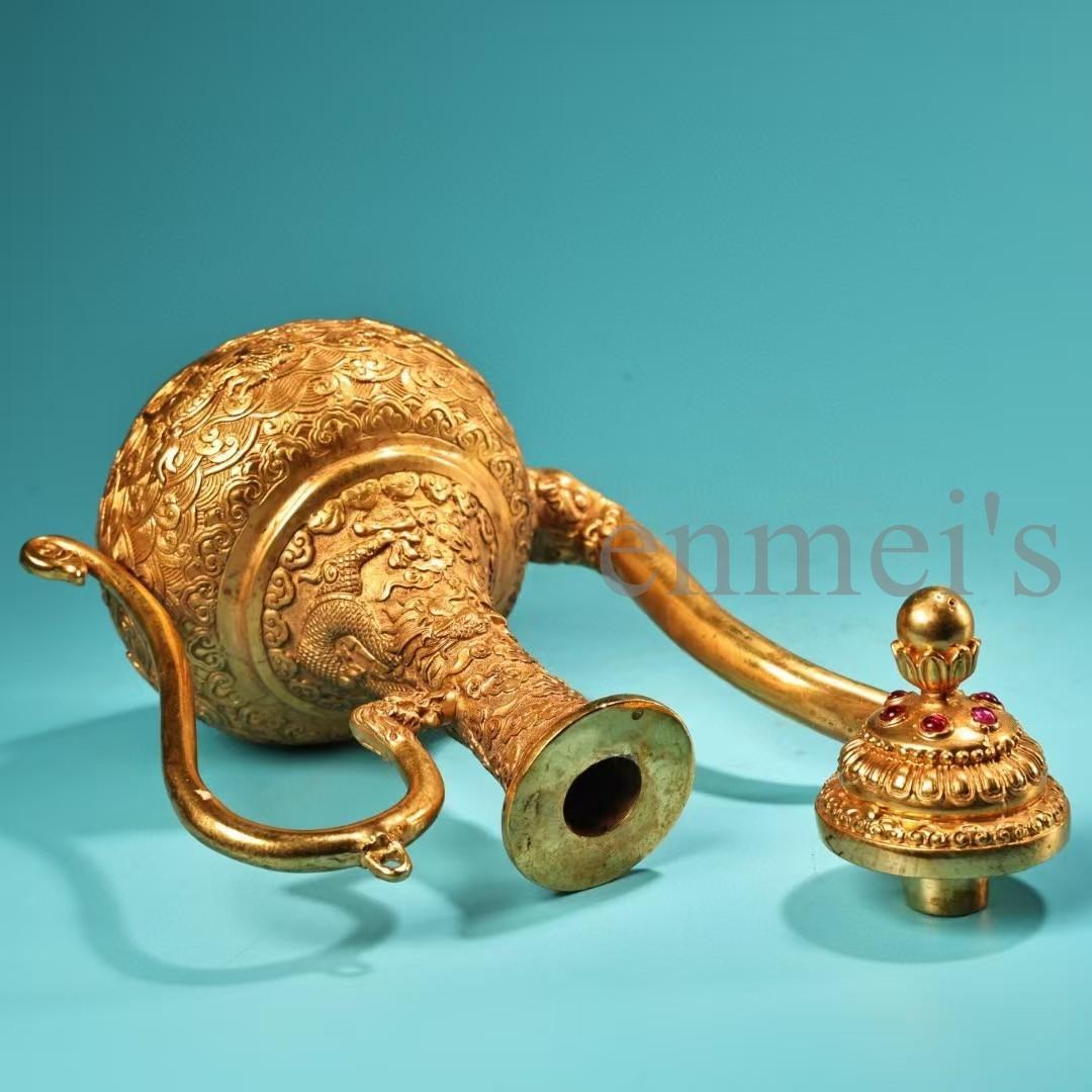 中国古美術・珍蔵純銅製・鎏金・酒器・高浮彫酒壺・純手作り・茶道具・酒具・風水置物