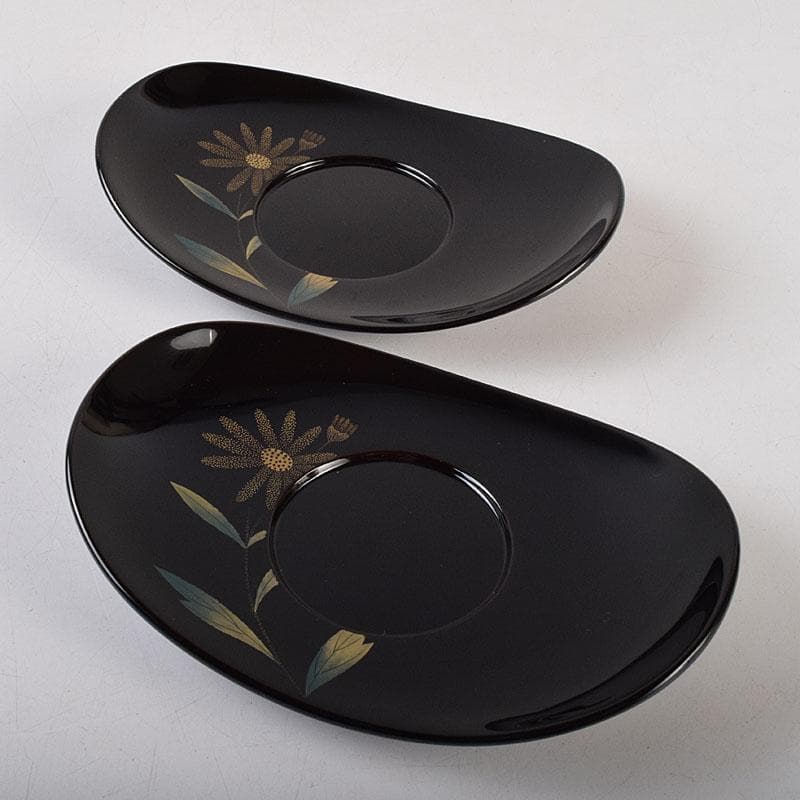 輪島塗　文化功労者　三谷吾一作　草花沈金　茶托　五客　共箱　M　R9503