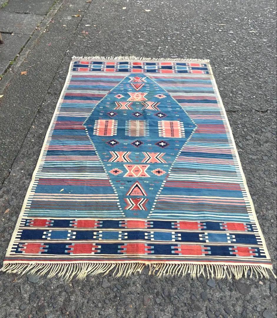 692 アンティークキリム トルコ トライバル インディゴ ラグ 百貨店購入