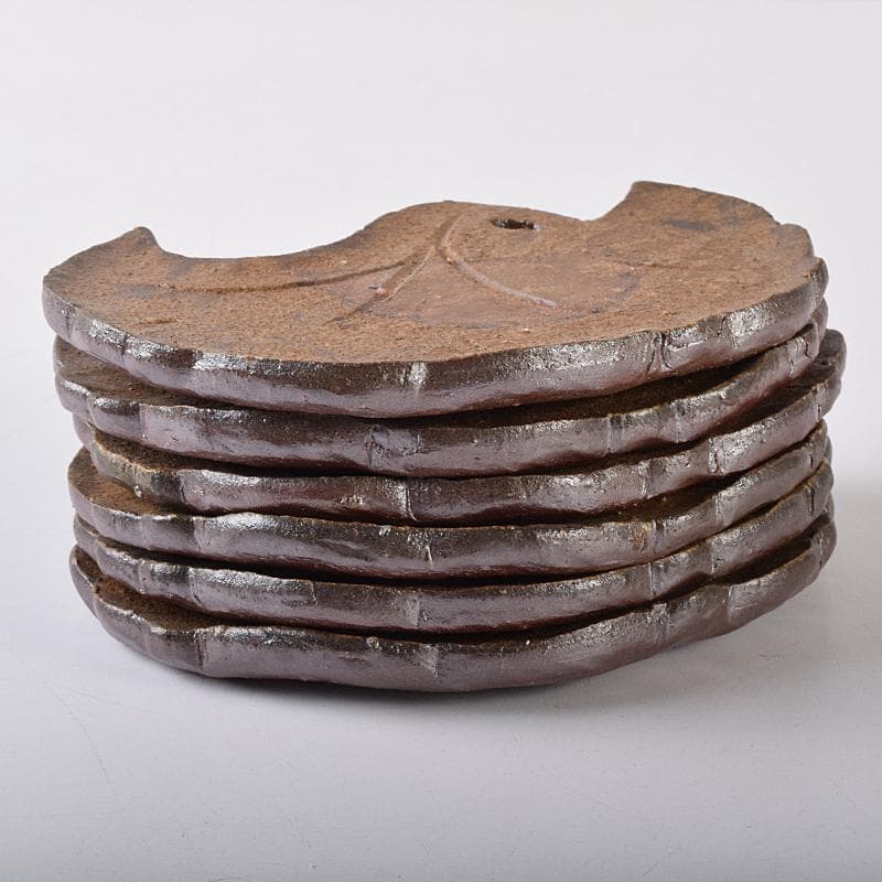 和食器　備前焼　乗松建行作　銀杏型銘々皿　六客　共箱　M　R7891