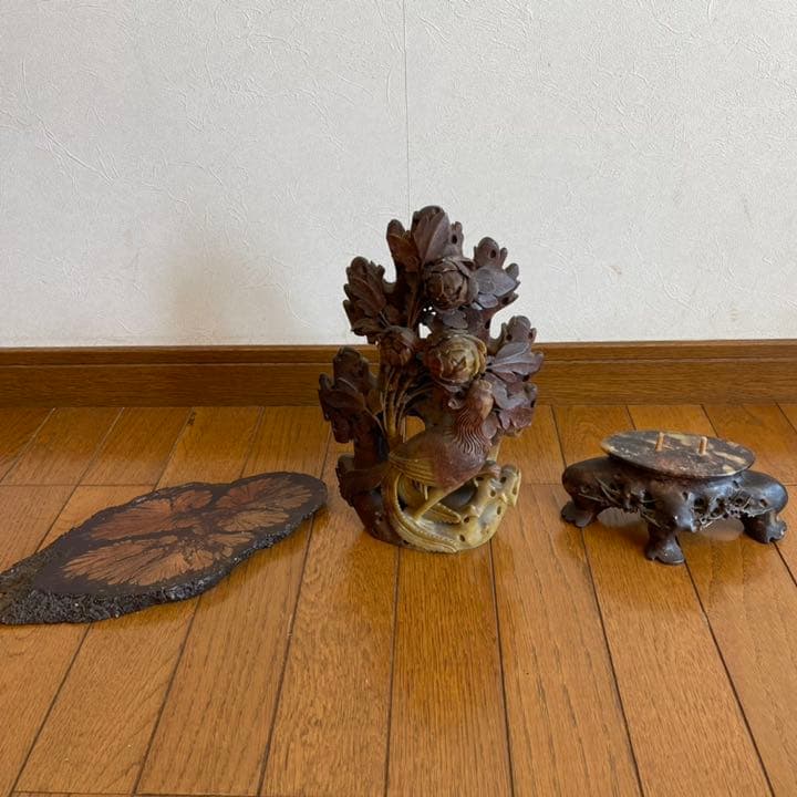 中国 石彫 置物 花鳥図 牡丹 鳳凰 彫刻 台座付き 手彫り オブジェ