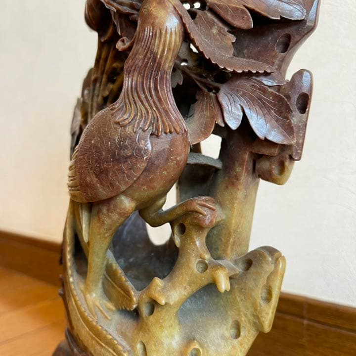 中国 石彫 置物 花鳥図 牡丹 鳳凰 彫刻 台座付き 手彫り オブジェ
