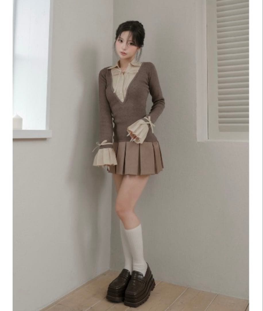 Darich シャツドッキングプリーツミニワンピース モカ