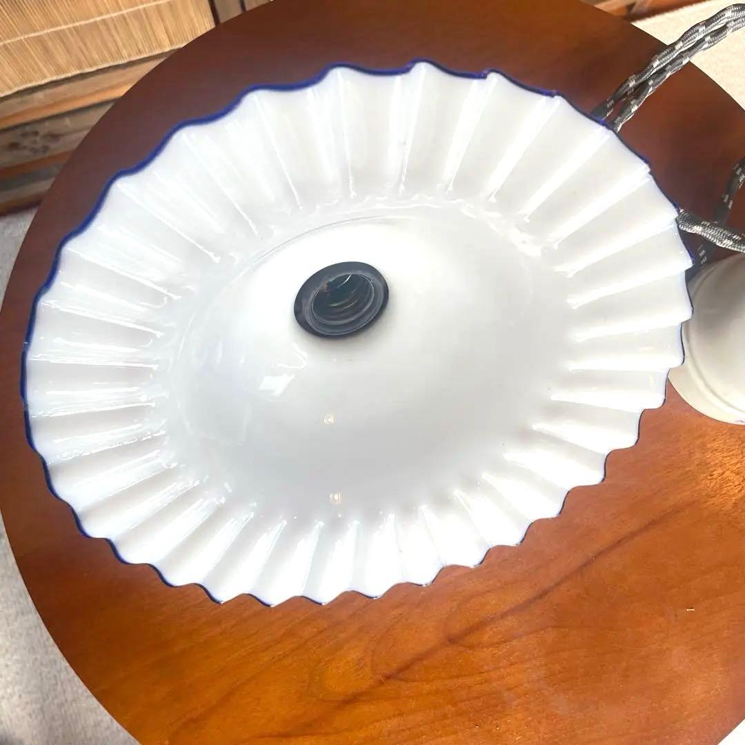 【美品】青色フリルガラスランプシェード　電傘　昭和レトロ　ホワイト
