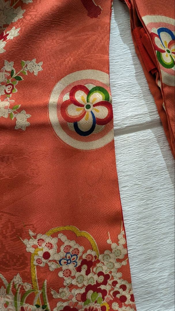 7歳　レトロ正絹珊瑚色花籠　七五三　お着物・帯セット　アンティーク