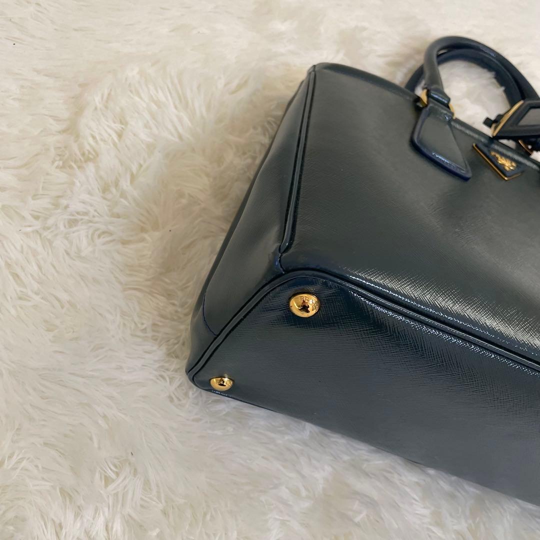 極美品 PRADA ガレリア サフィアーノ ハンドバッグ ブルー 三角ロゴ