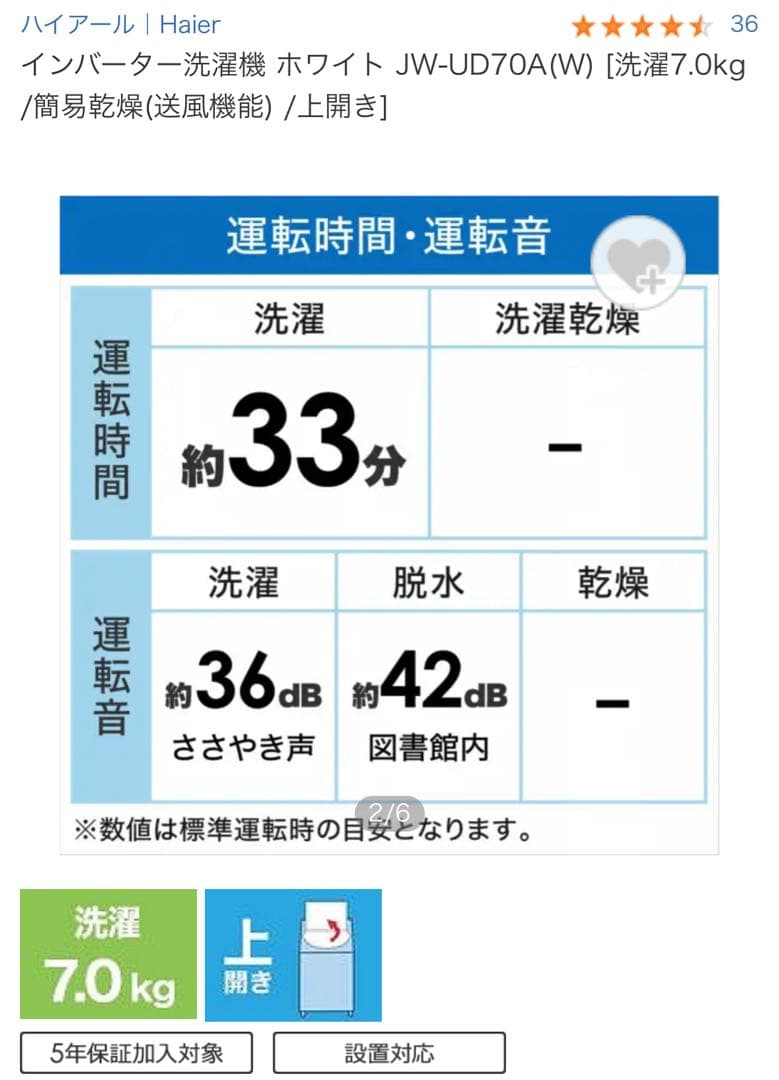 ハイアール　全自動洗濯機 インバーター 洗濯7.0kg　JW-UD70A-W