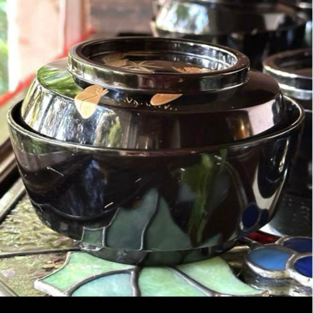 感謝お嫁入り‼️明治39JAPAN蒔絵　福寿草&梅と松葉真塗り上黒椀　吸物椀5客