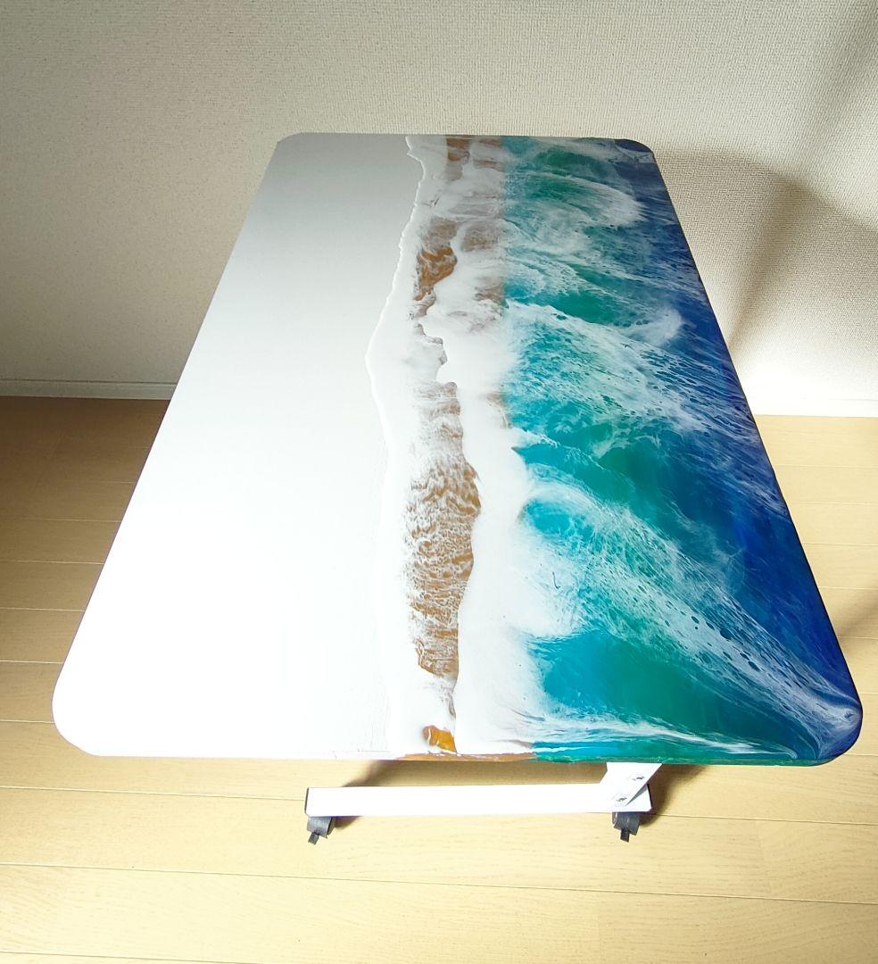 【訳あり】波デザイン昇降式テーブル　レジンテーブル　海アートテーブル