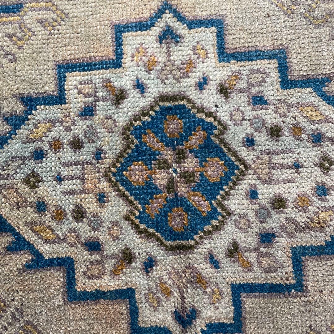 54×51㎝◇トルコヴィンテージラグ　ブラウン　ブルー　幾何学模様611