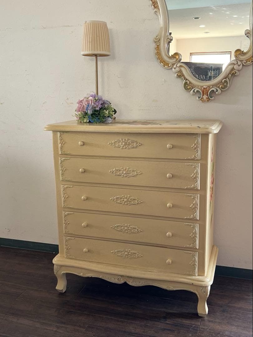 k016r122 ロココ調 ブーケ柄のチェスト 猫脚 クラック加工 クラシカル