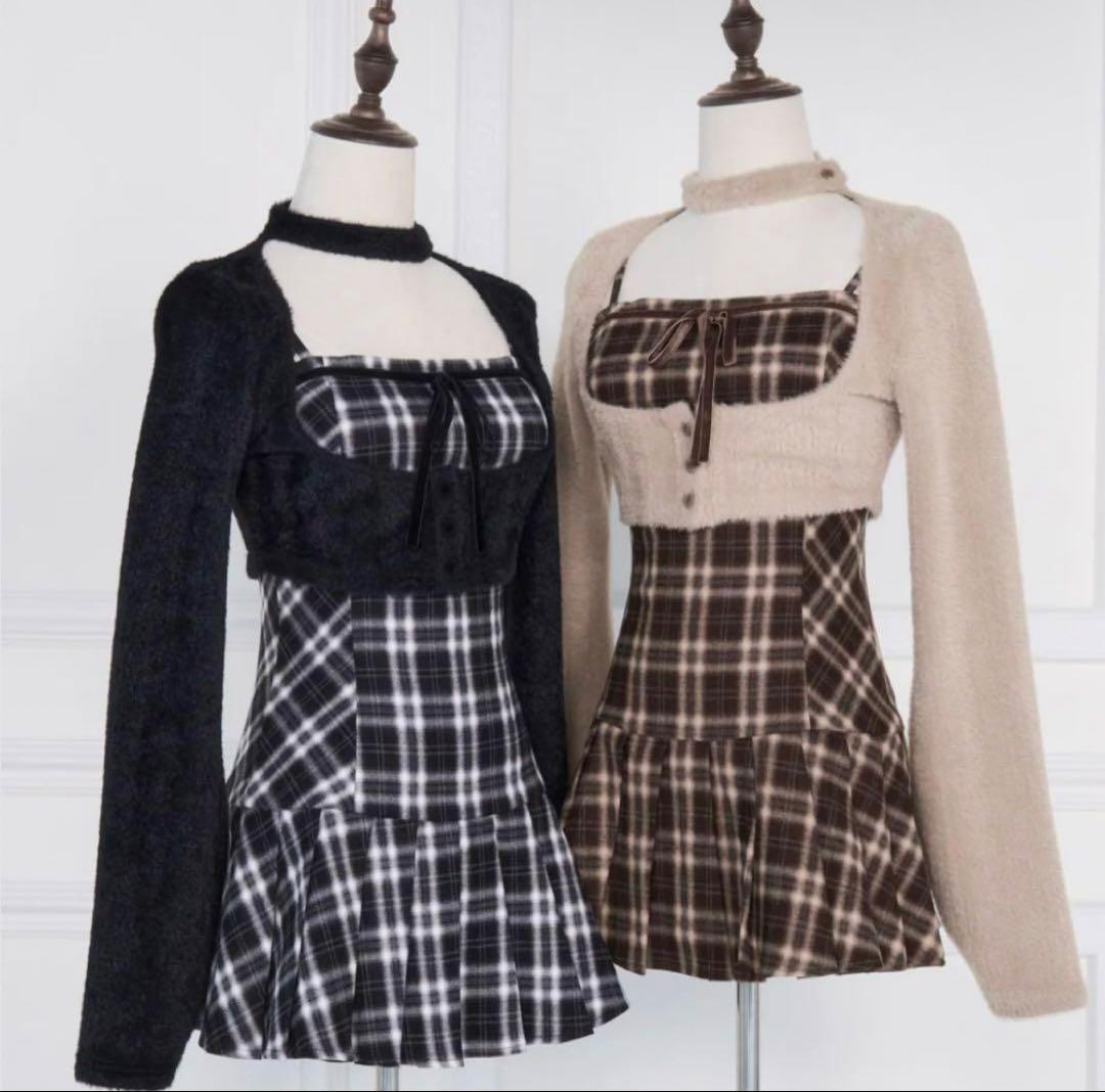 【NoGenki】BunnyLisファーボレロ×チェックミニワンピ ブラック