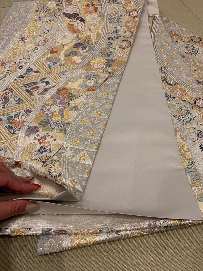 袋帯　正絹　美品　古典調　グレー