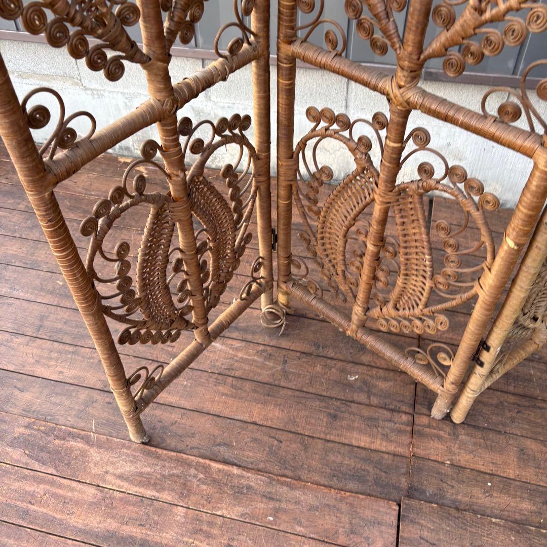 B2 昭和レトロ エスニック 3連 装飾ラタンパーテーション パーティション