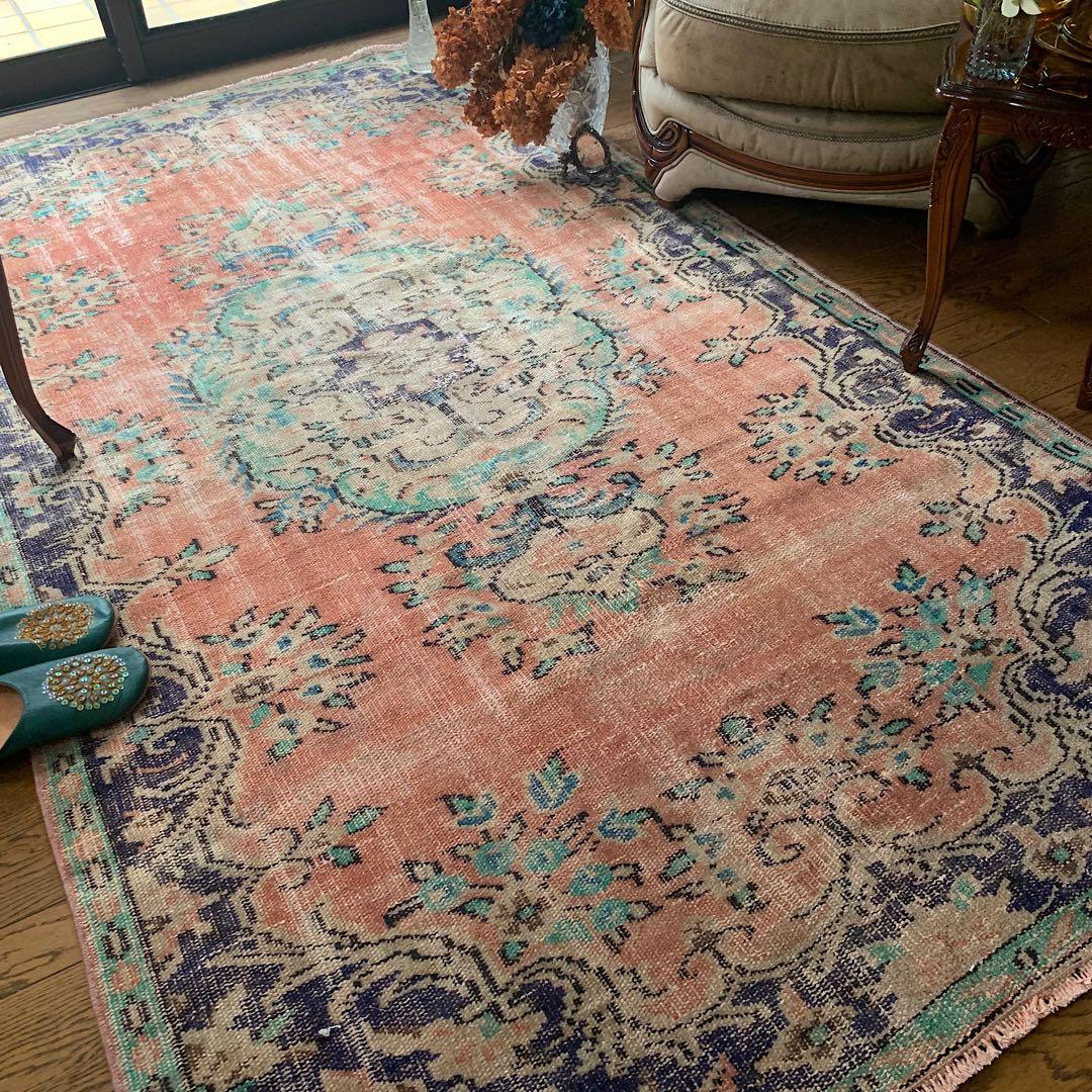 超大判　コーラルピンク244×132 インディゴブルー　トルコヴィンテージラグ