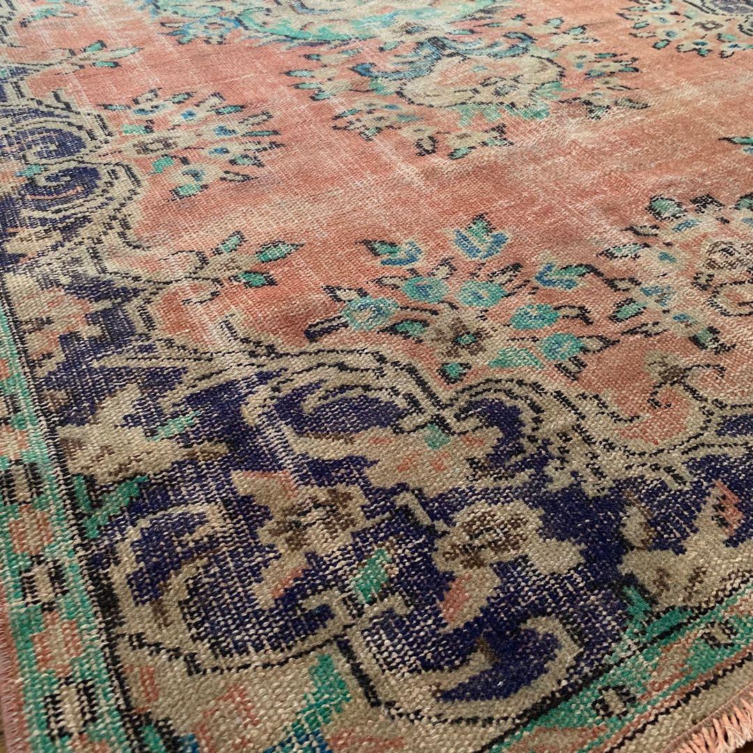 超大判　コーラルピンク244×132 インディゴブルー　トルコヴィンテージラグ