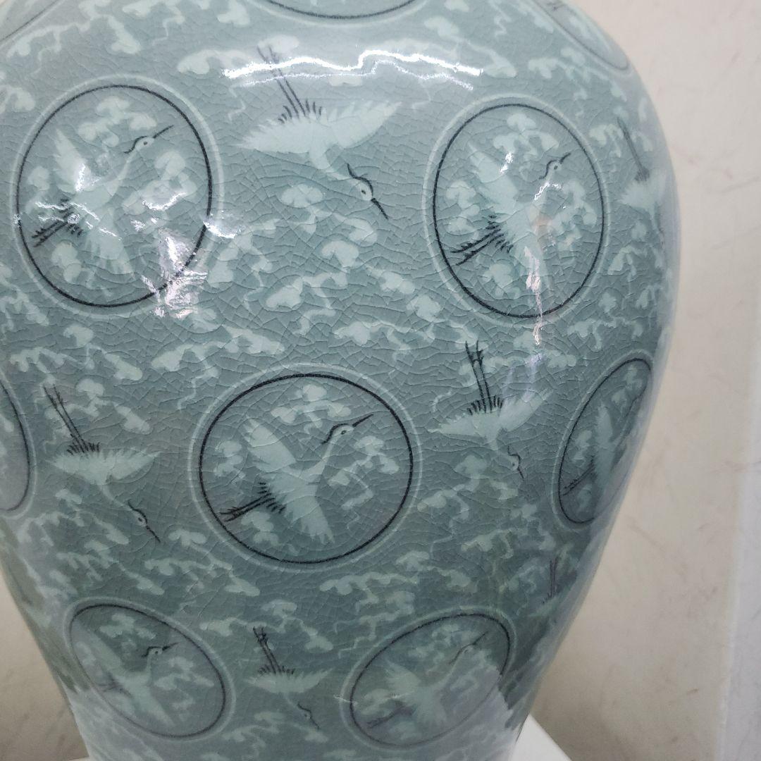 Ｂフライデー蔵出し特価　青磁 鶴模様 陶器 花瓶　作家物海剛作桐箱あり48cm