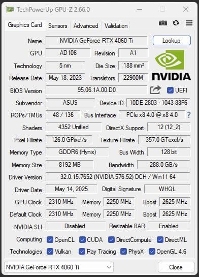美品 ASUS TUF Gaming GeForce RTX 4060 Ti