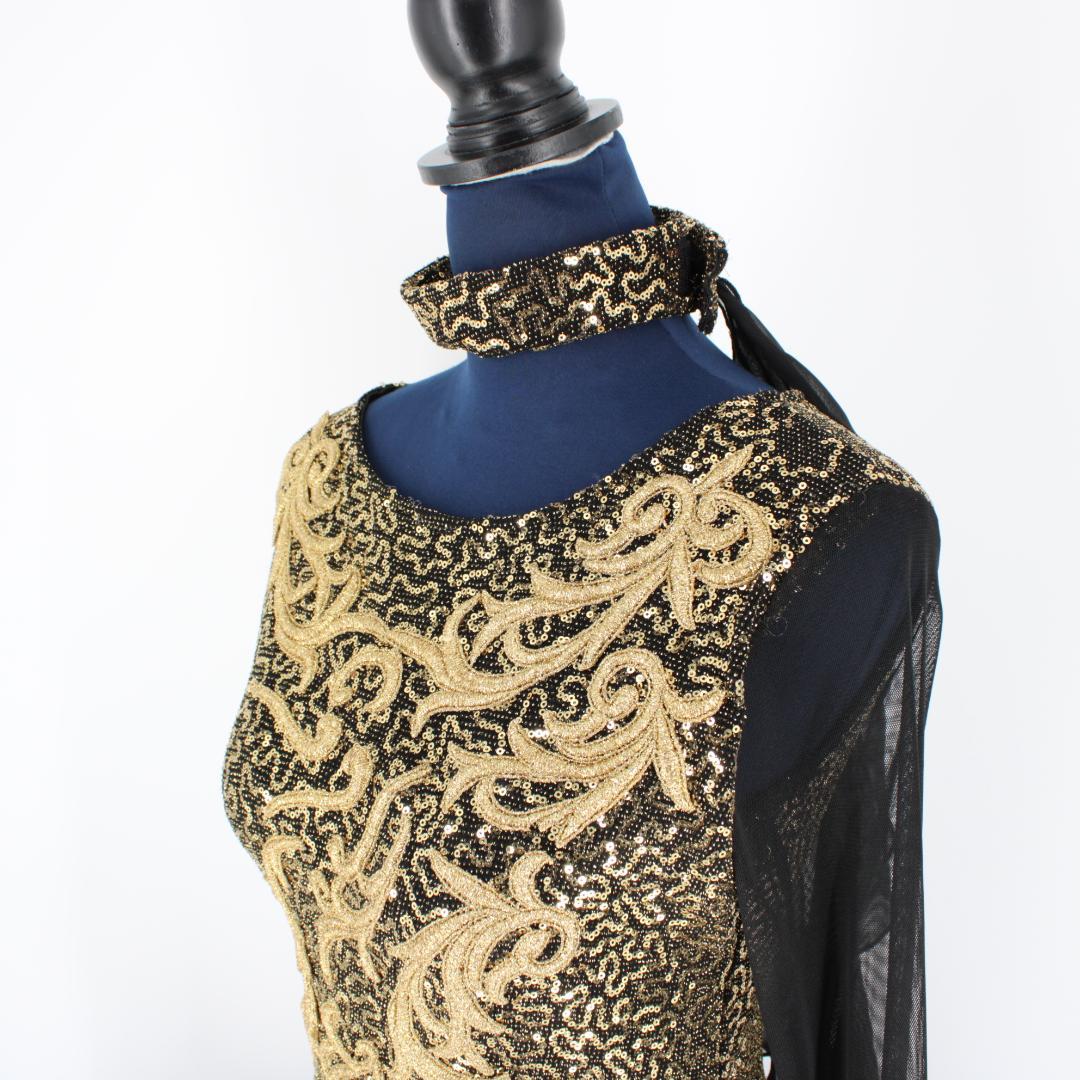 【美品 社交ダンス衣装】ワンピース ドレス 黒 ブラック 金 ゴールド 刺繍