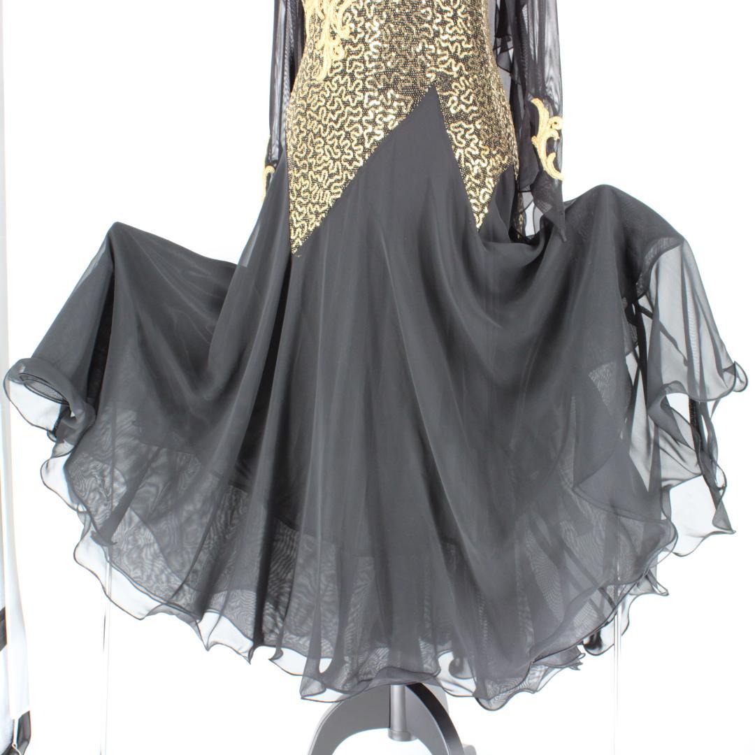 【美品 社交ダンス衣装】ワンピース ドレス 黒 ブラック 金 ゴールド 刺繍