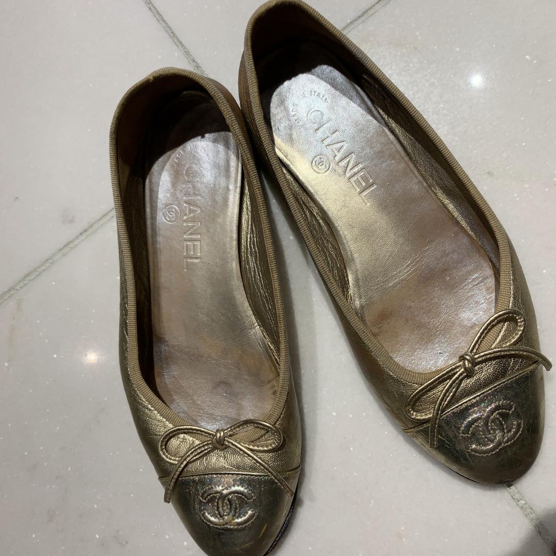 CHANEL シャネル バレエシューズ ゴールド CCロゴ フラット 24cm