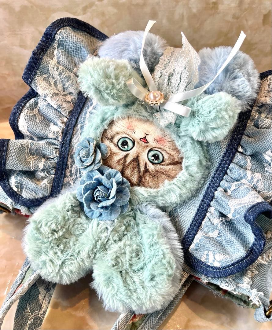 コヤンイサムチョン　レースデニム×ふわふわフリンジデニム　フリルバッグ