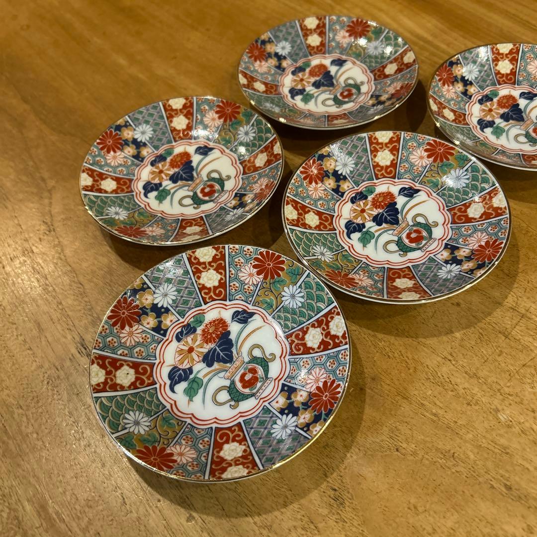 未使用品　有田焼　陶扇　小皿5枚揃え　銘々皿　錦絵　赤絵　金彩