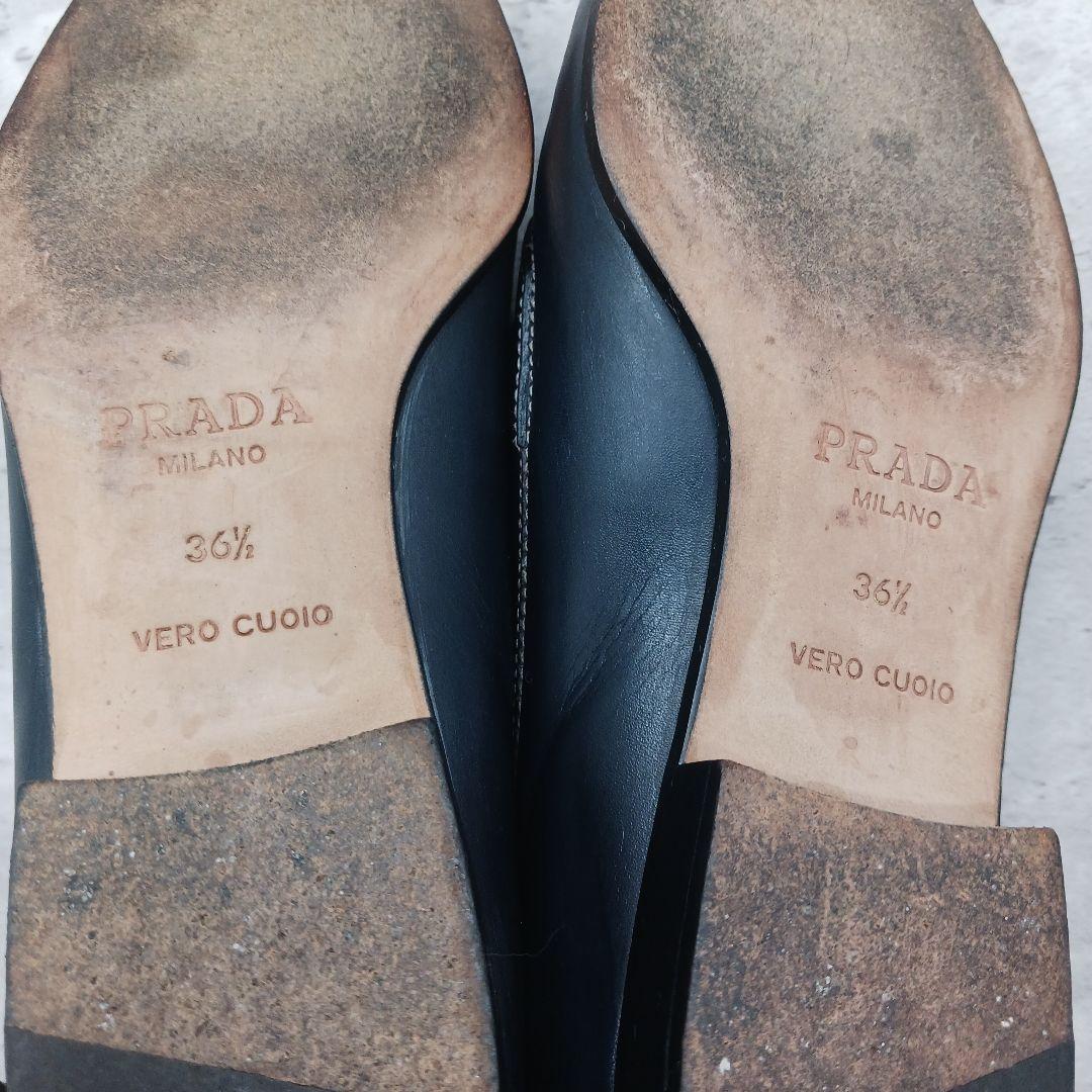 美品 プラダ レディース スクウェアトゥ レザー ローファー 36.5 ブラック