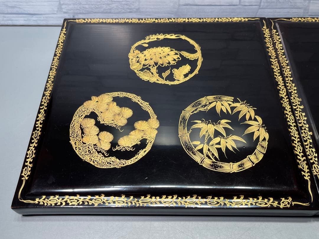 明治三十五年　外黒内朱　沈金蒔絵　五段重箱　木製　大きめ