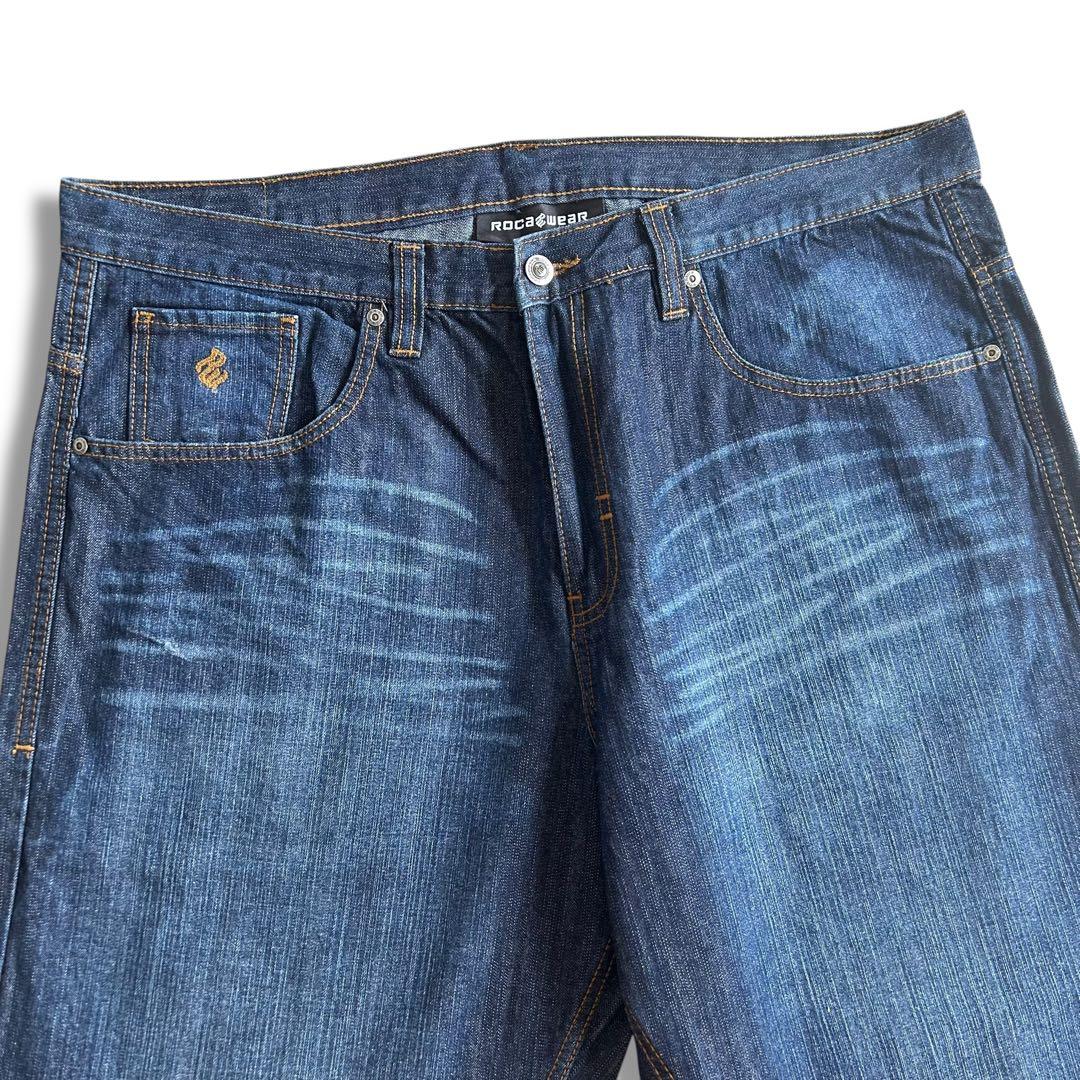美品 希少 ロカウェア ROCAWEAR バギー デニム W40 デカロゴ 刺繍