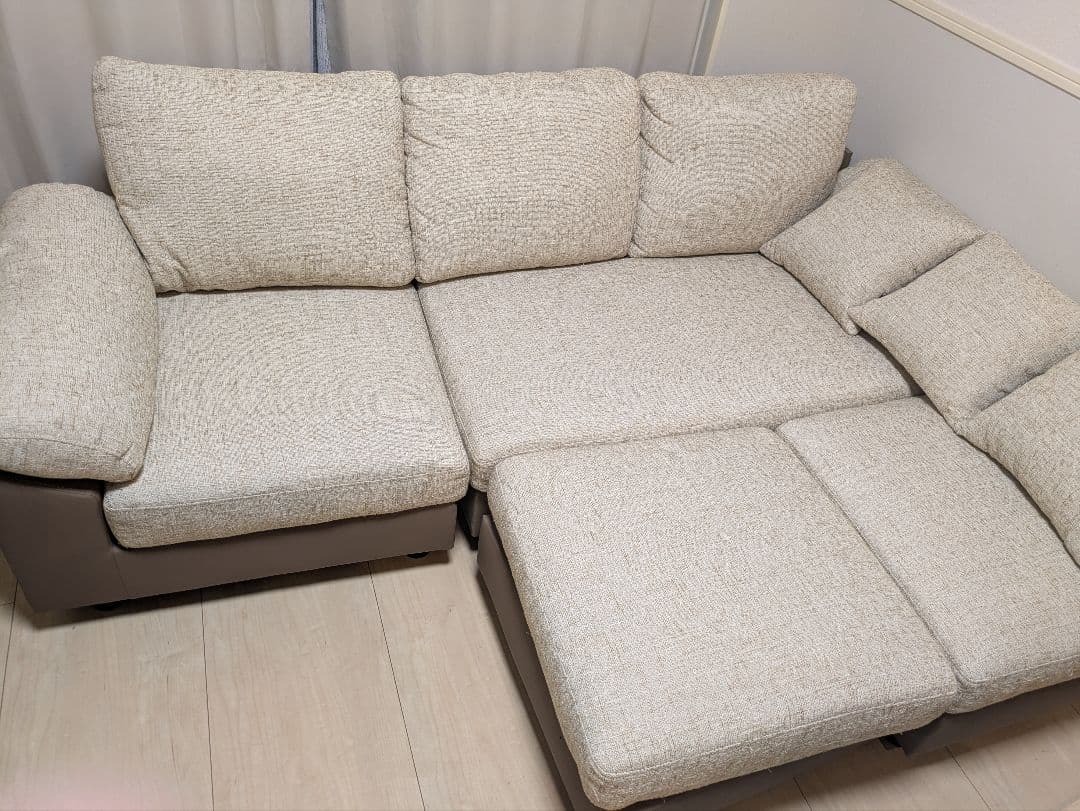 かいぺり カウチソファ L字 ベージュファブリック ×レザー