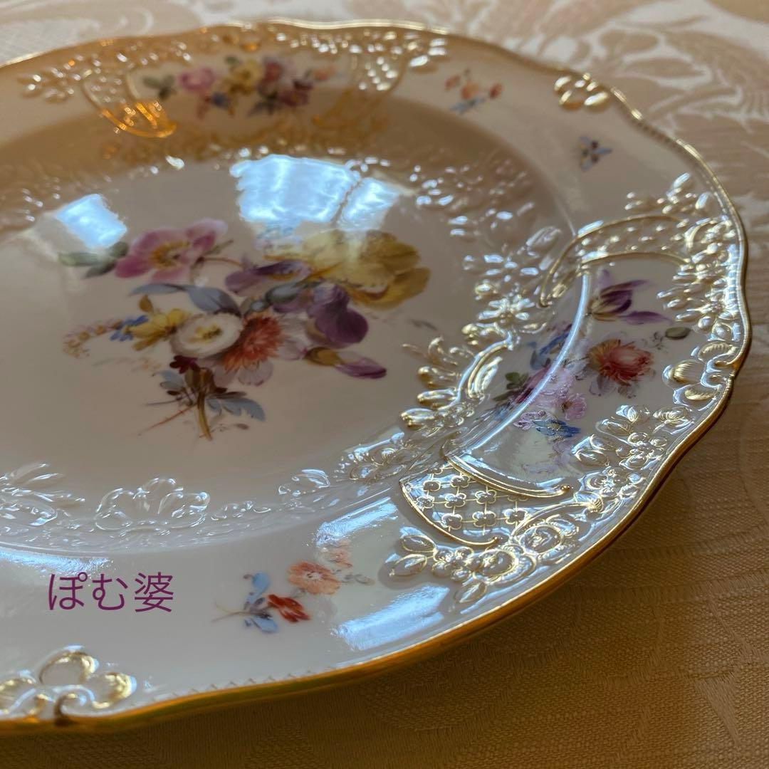 【古マイセン】金彩 花絵皿「ノイマルセイユ／フラワーブーケと昆虫」３枚