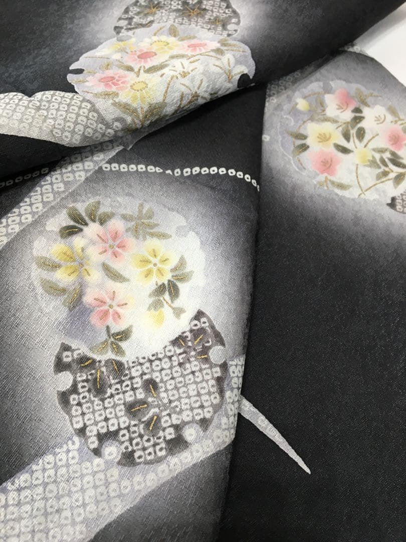 都会的　ドレッシーな【訪問着】正絹　友禅　墨色　裄長め