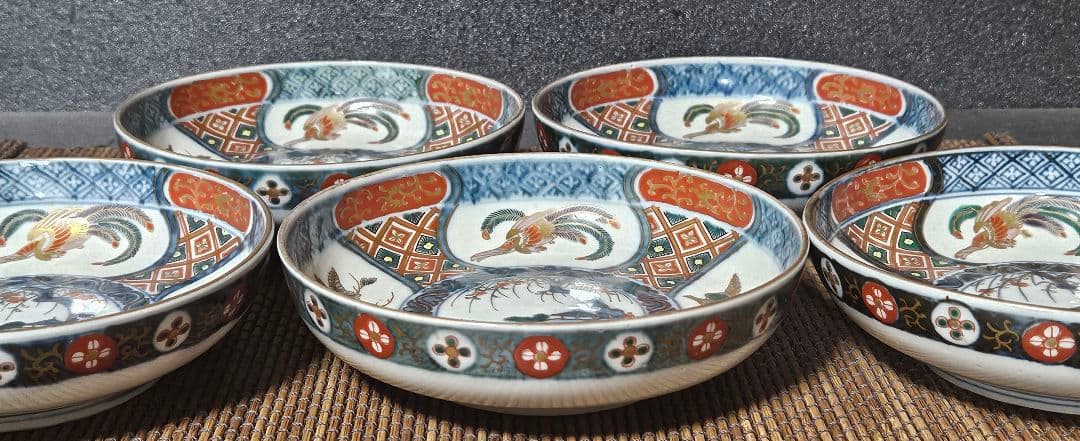 江戸時代末期　献上古伊万里様式　錦手　鳳凰に桐葉文　15.5cm   深皿　5客