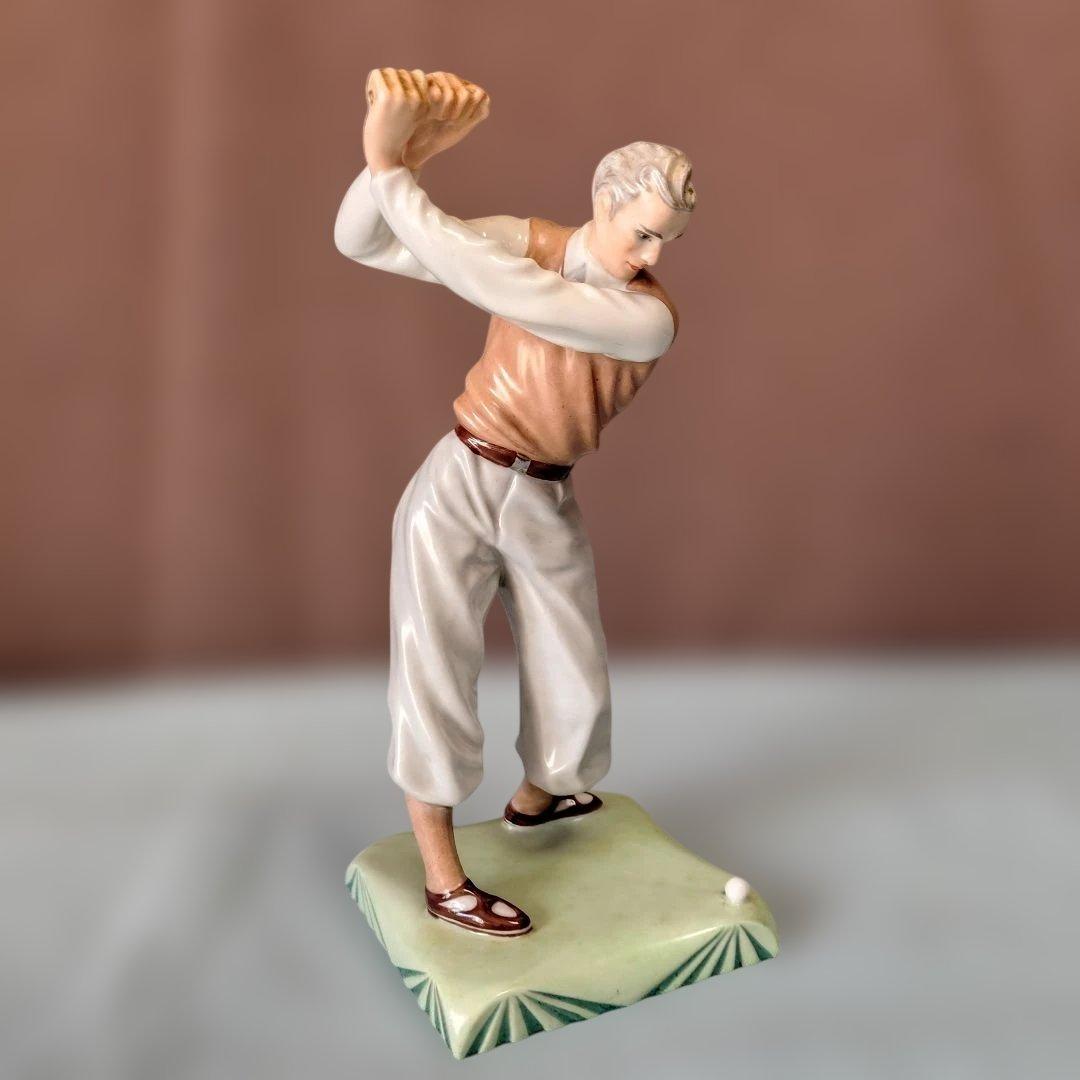 チェコスロバキア/シュラーゲン ヴァルト陶製置物2点 (アオサギとゴルファー)