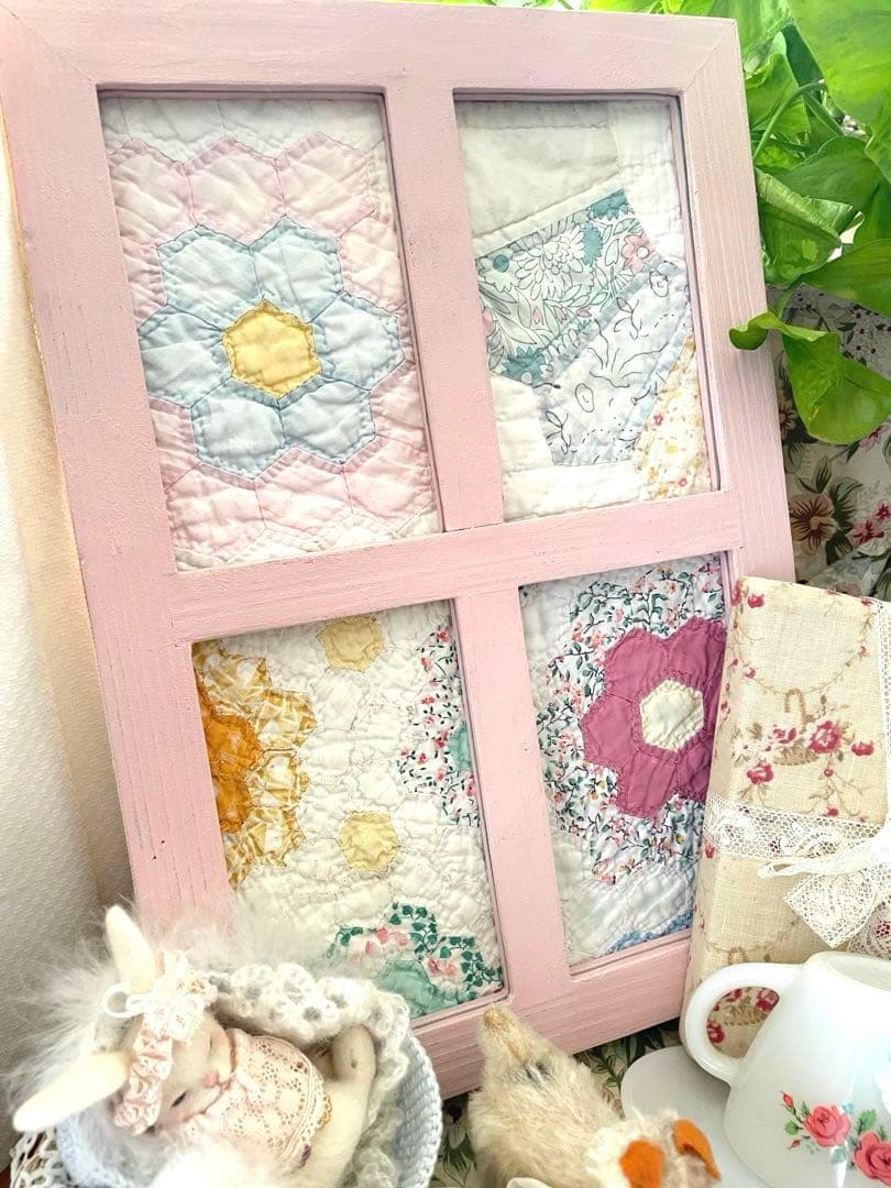アンティークキルト 窓枠フレーム リバーシブル♡ピンク·͜· ♡