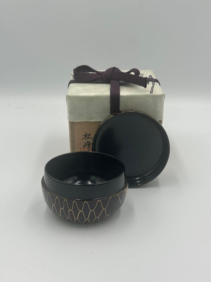 溜塗　網目桜　平棗　松峰作