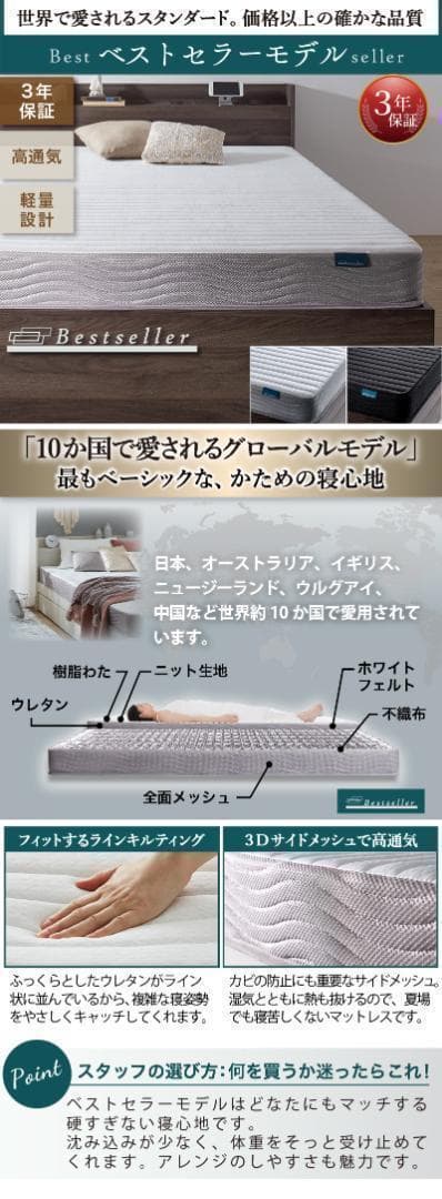 【アベ】シングルベッド マットレス付 棚 コンセント付 BK