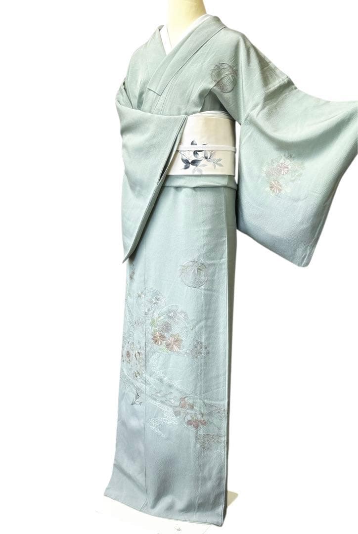 A143愛華 着物 付け下げ袷刺繍　スワト　錆青磁　フォーマル　身丈162cm